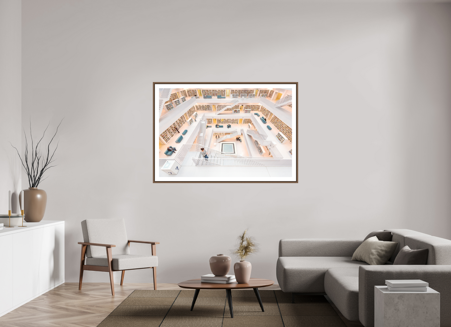 150 x 100 cm, AluDibond, matt, floating frame 15mm walnut MAGIC - WOMAN AND STAIRS VI - Stuttgart