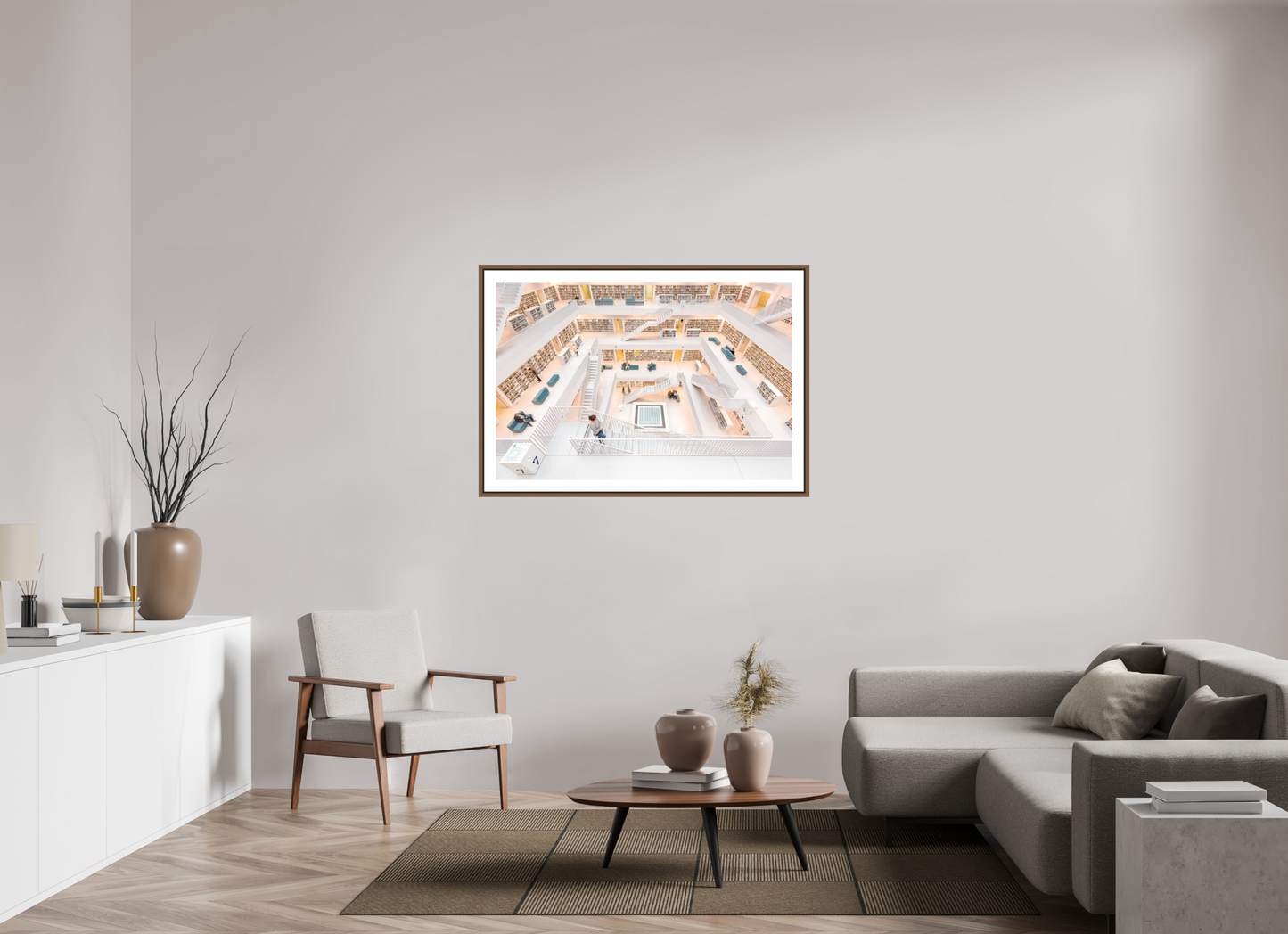 120 x 80 cm, AluDibond, matt, floating frame 15mm walnut MAGIC - WOMAN AND STAIRS VI - Stuttgart