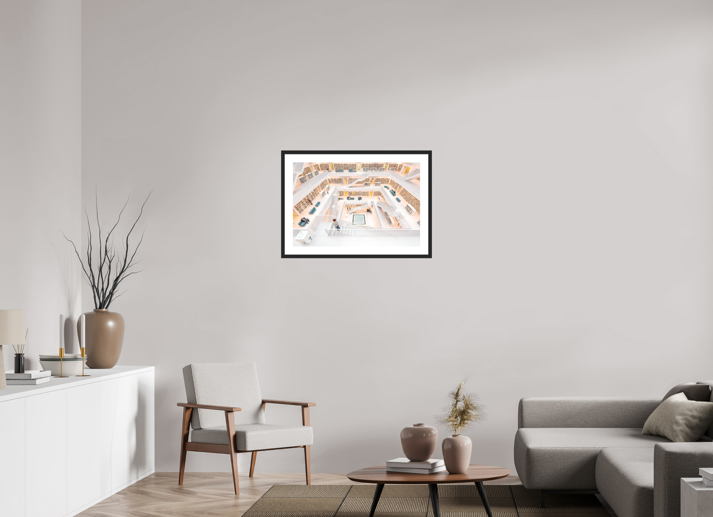 75 x 50 cm, Hahnemühle Photo Rag, Frame 20mm black, Passepartout white, Front glass matt MAGIC - WOMAN AND STAIRS VI - Stuttgart