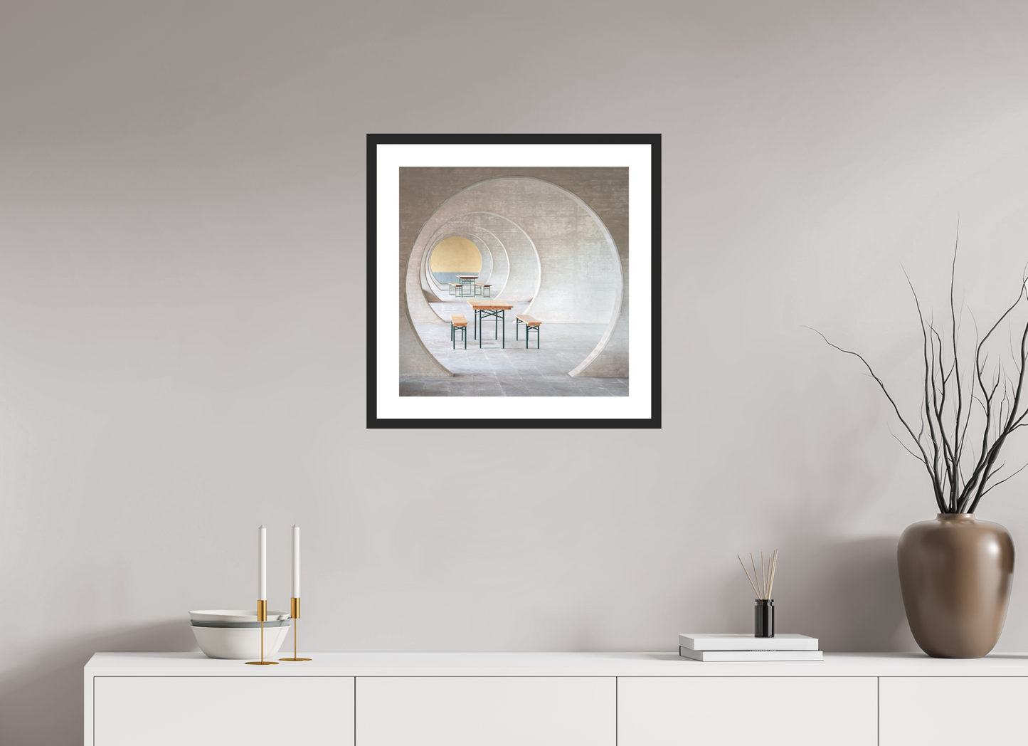 50 x 50 cm, Hahnemühle Photo Rag, Frame 20mm black, Passepartout white, Front glass matt HARMONY - TAKE A SEAT - Ticino