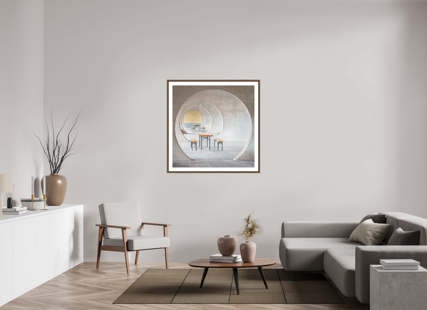 100 x 100 cm, AluDibond, matt, floating frame 15mm walnut HARMONY - TAKE A SEAT - Ticino