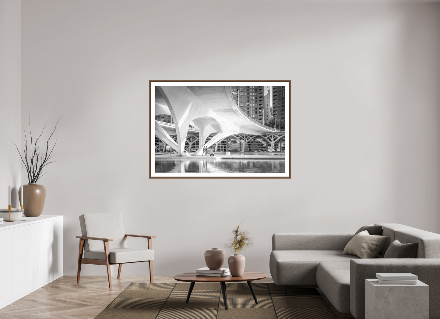 150 x 100 cm, AluDibond, matt, floating frame 15mm walnut DIALOG - CASUAL WALK AND TALK - Valencia