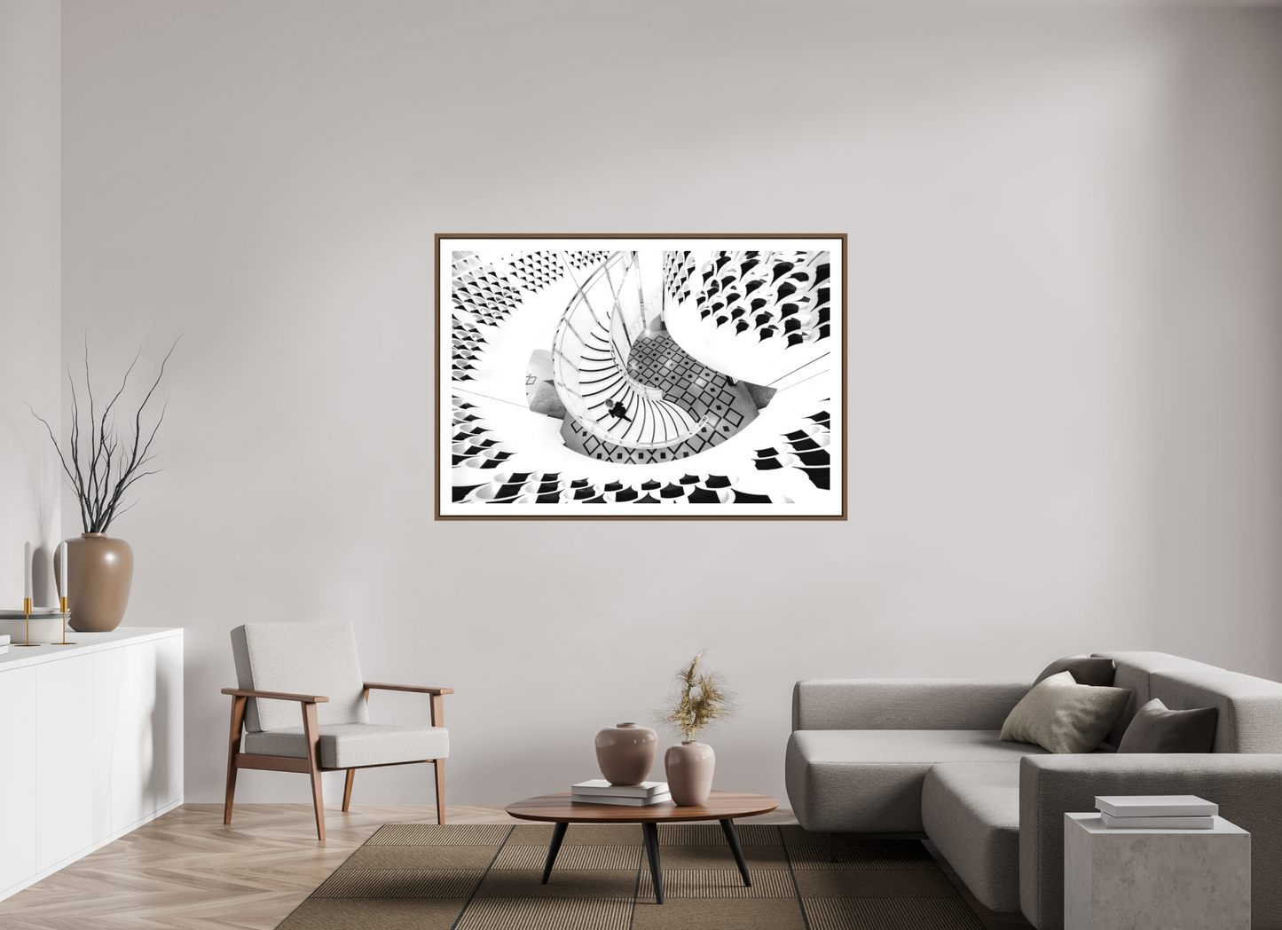 150 x 100 cm, AluDibond, matt, floating frame 15mm walnut MAGIC - WOMAN AND STAIRS II - London