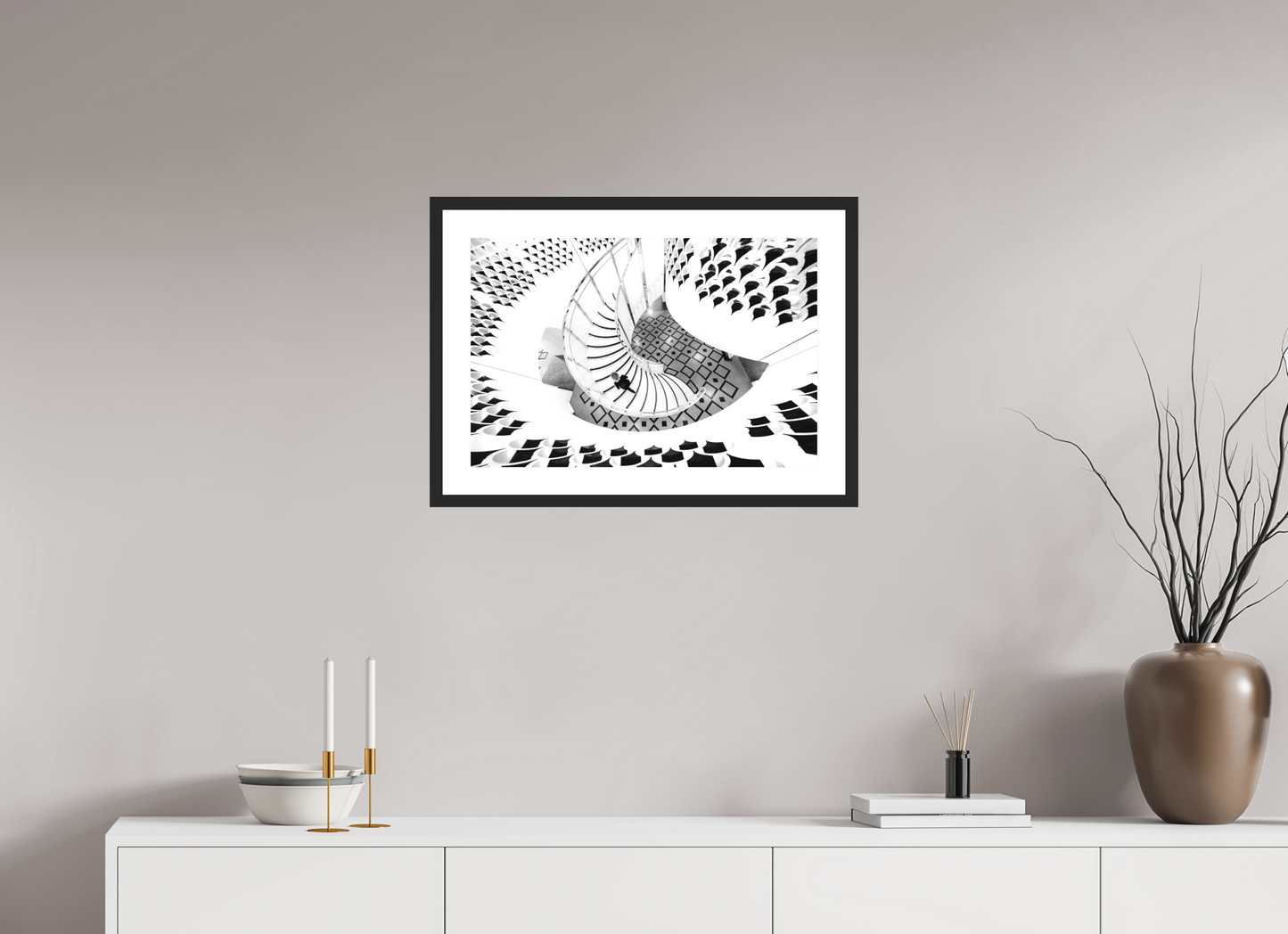 60 x 40 cm, Hahnemühle Photo Rag, Frame 20mm black, Passepartout white, Front glass matt MAGIC - WOMAN AND STAIRS II - London