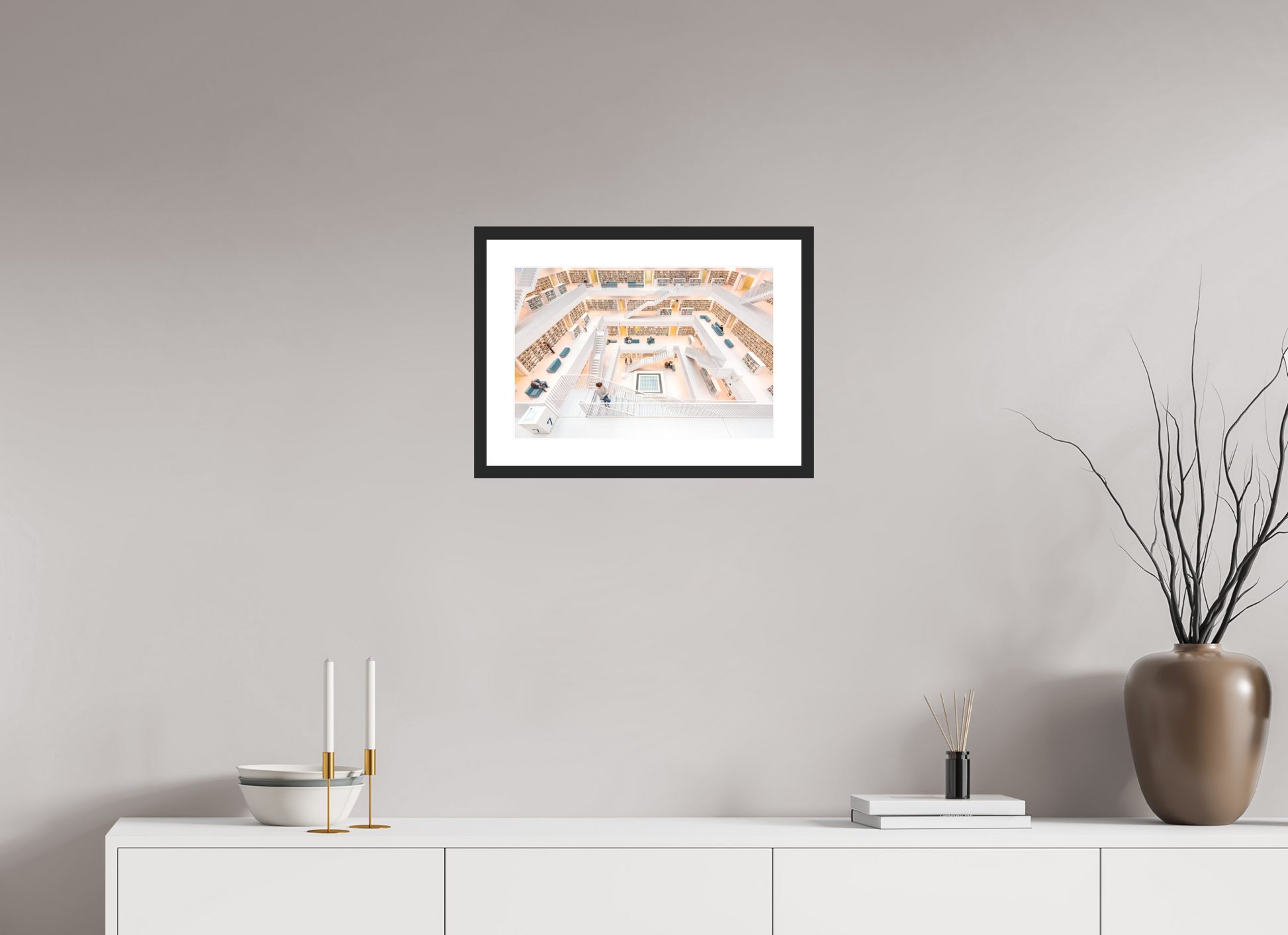 45 x 30 cm, Hahnemühle Photo Rag, Frame 20mm black, Passepartout white, Front glass matt MAGIC - WOMAN AND STAIRS VI - Stuttgart