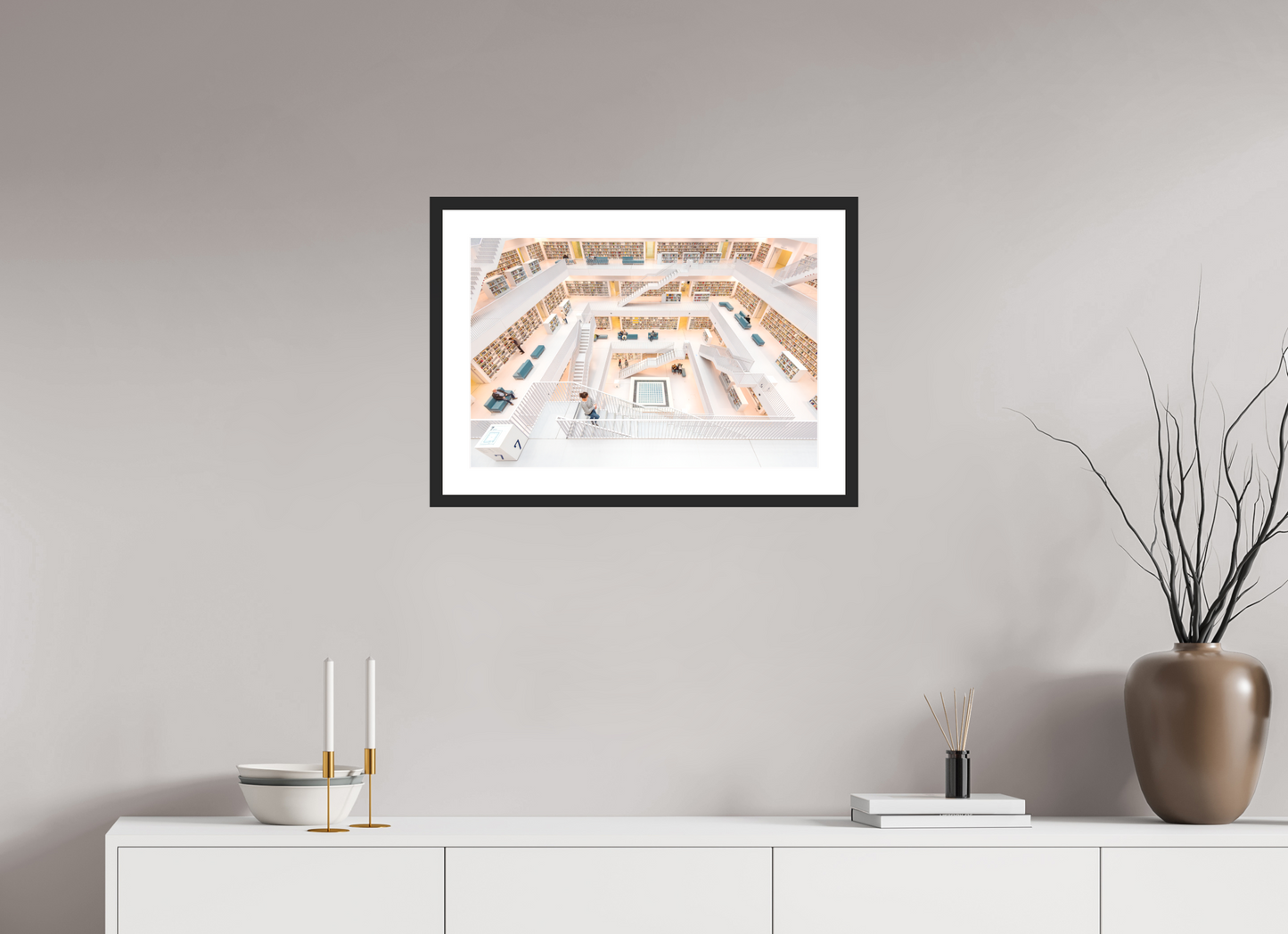 60 x 40 cm, Hahnemühle Photo Rag, Frame 20mm black, Passepartout white, Front glass matt MAGIC - WOMAN AND STAIRS VI - Stuttgart